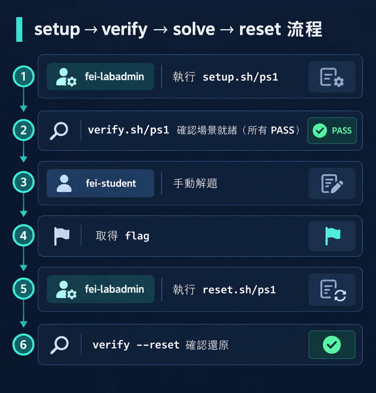 setup、verify、solve、reset 流程