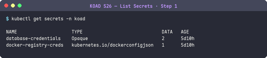 列出 koad namespace 的 Secrets